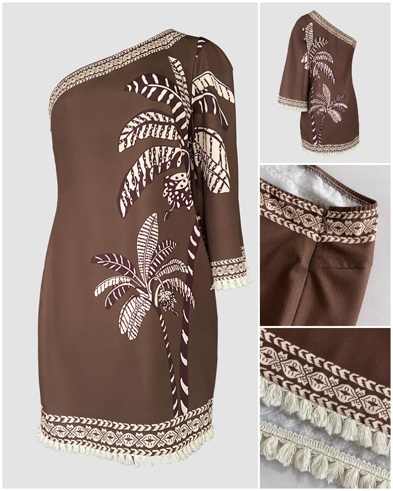 Tropical Print One Shoulder Three Quarters Sleeve A Line Dress Casual Side Zipper Fringe Vacation Dress