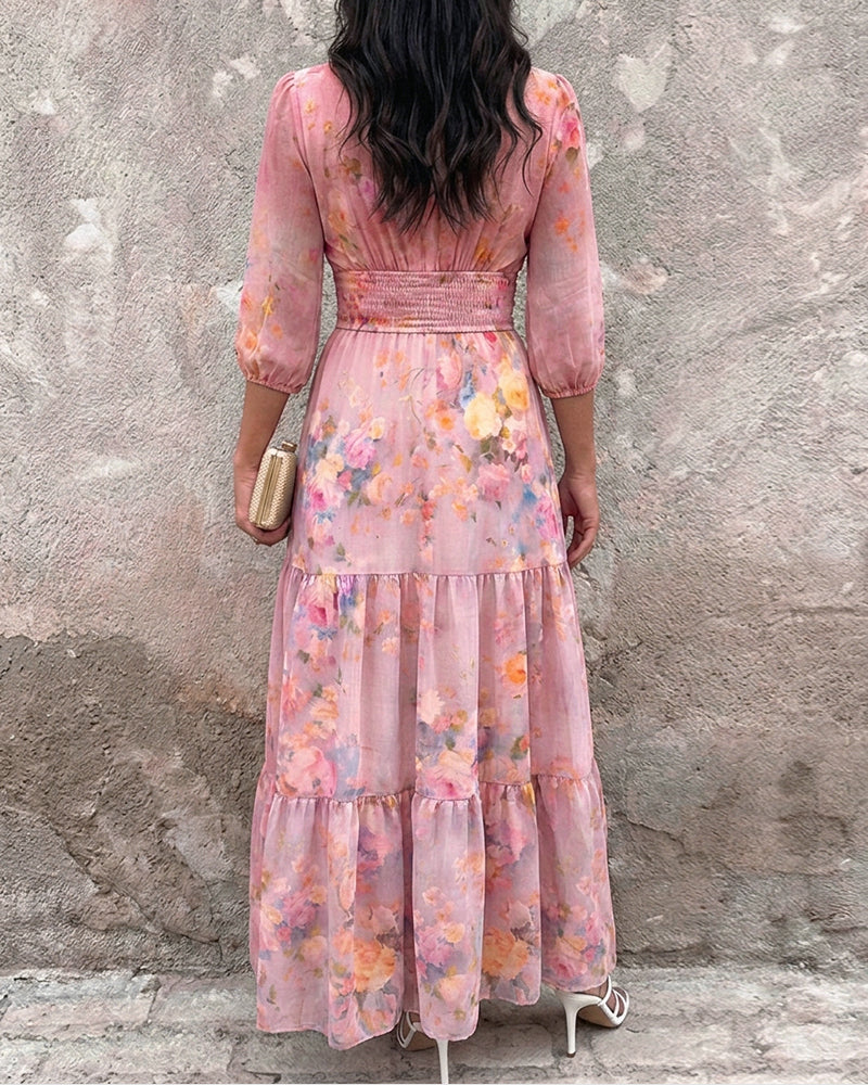 Women's Watercolor Floral V-Neck Shirred High Waist Maxi Dress Three Quarters Lantern Sleeve A-Line Ruffle Hem Chiffon Vacation Dress
