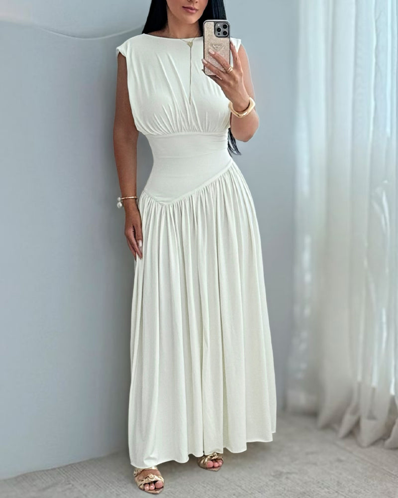 Women's Deep V-Neck Ruched Maxi Dress Elegant Front & Back Reversible Flowy Gown High-Waisted A-Line Evening Party Dress