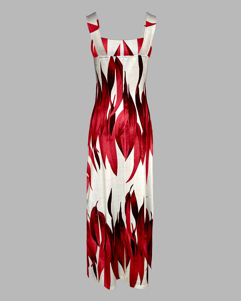 Plants Print Square Neck Thick Strap Maxi Dress Casual Slim Fit Side Slit Vacation Dress with Pockets