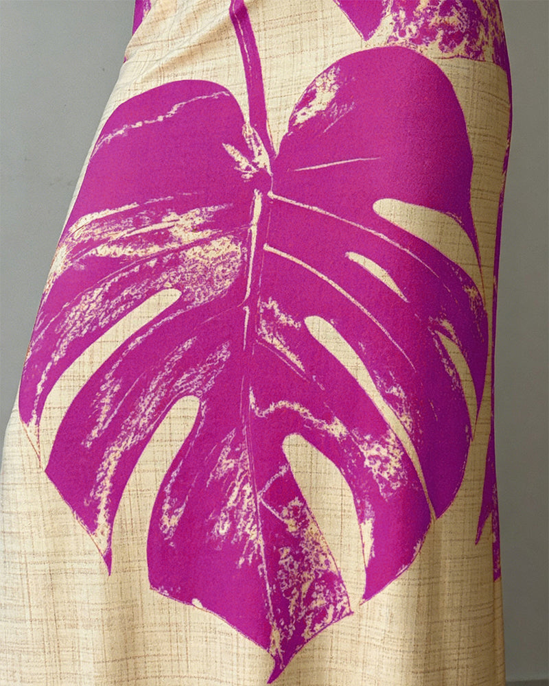 Women's Tropical Monstera Leaf Print One Shoulder Maxi Dress Side Slit Bodycon Dress with Pockets and Zipper