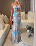 Women's Watercolor Floral Bandeau Maxi Dress Sexy Cutout Shirred Waist Mermaid Dress Ruffle Hem Vacation Dress