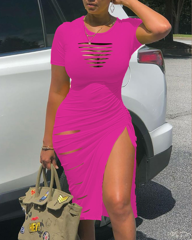 O Neck Short Sleeve Solid Color Cut