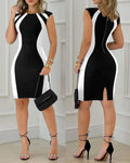 Colorblock Round Neck Sleeveless Zipper Back Midi Dress Slit Back Bodycon Dress