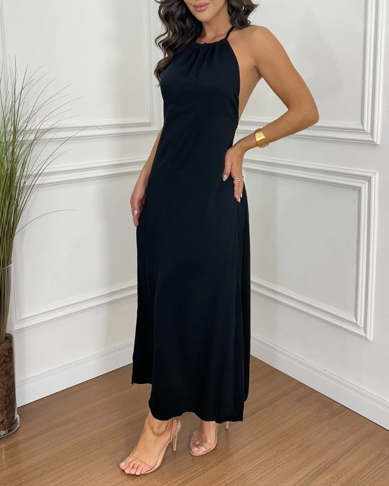 Halter Sleeveless Backless Maxi Dress Casual Shirred Back Side Slit Vacation Dress