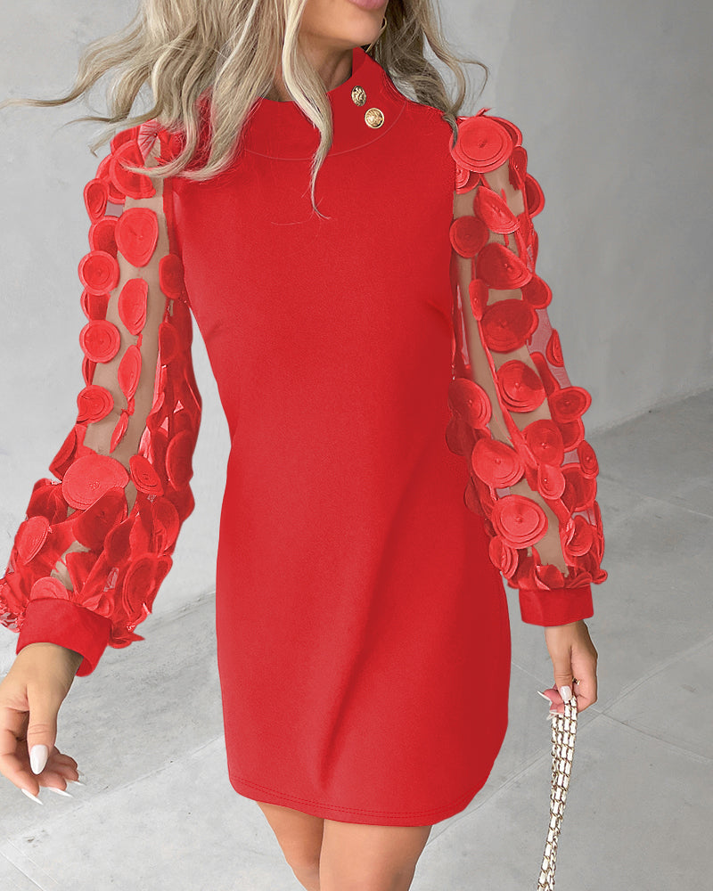 Floral Pattern Sheer Mesh Patch Casual Dress