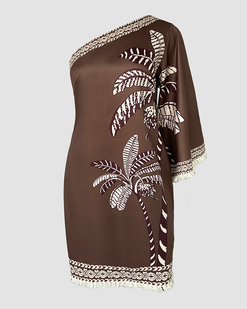 Tropical Print One Shoulder Three Quarters Sleeve A Line Dress Casual Side Zipper Fringe Vacation Dress