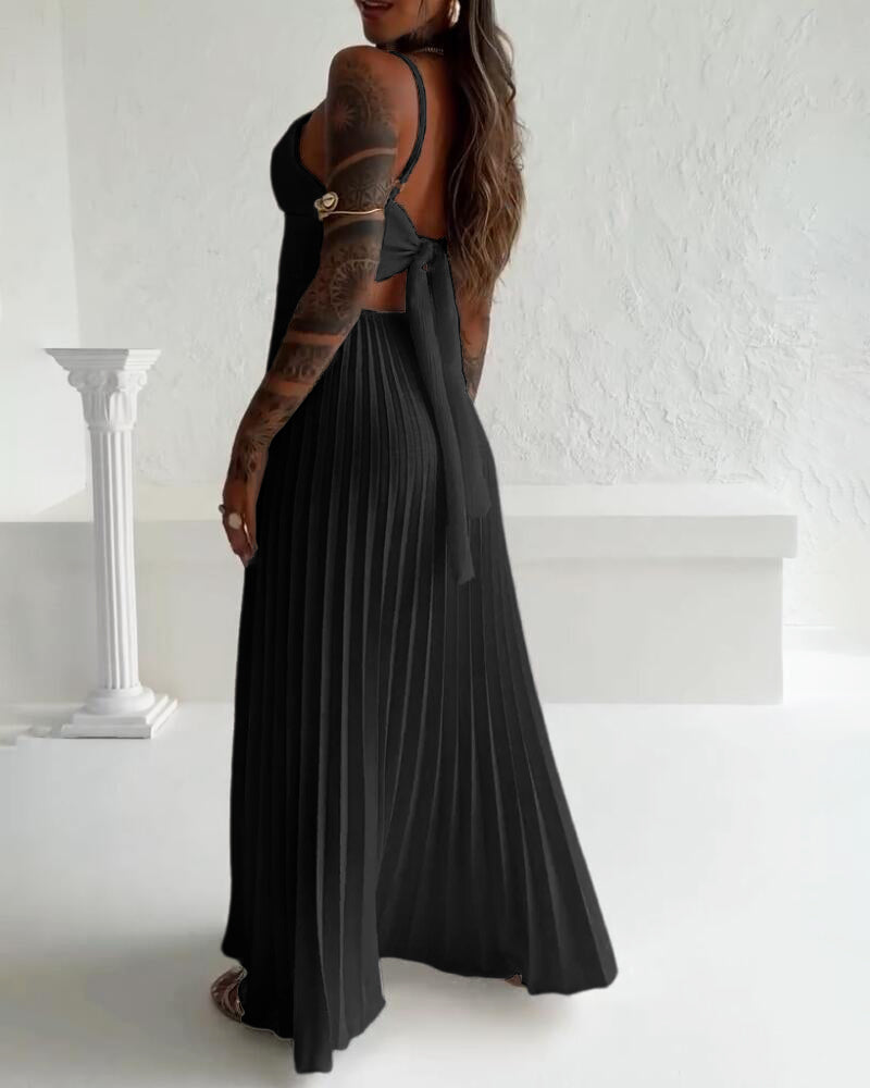 Deep V Neck Adjustable Spaghetti Straps Backless Pleated Dress Elegant Zipper Side Tie Back Maxi Dress