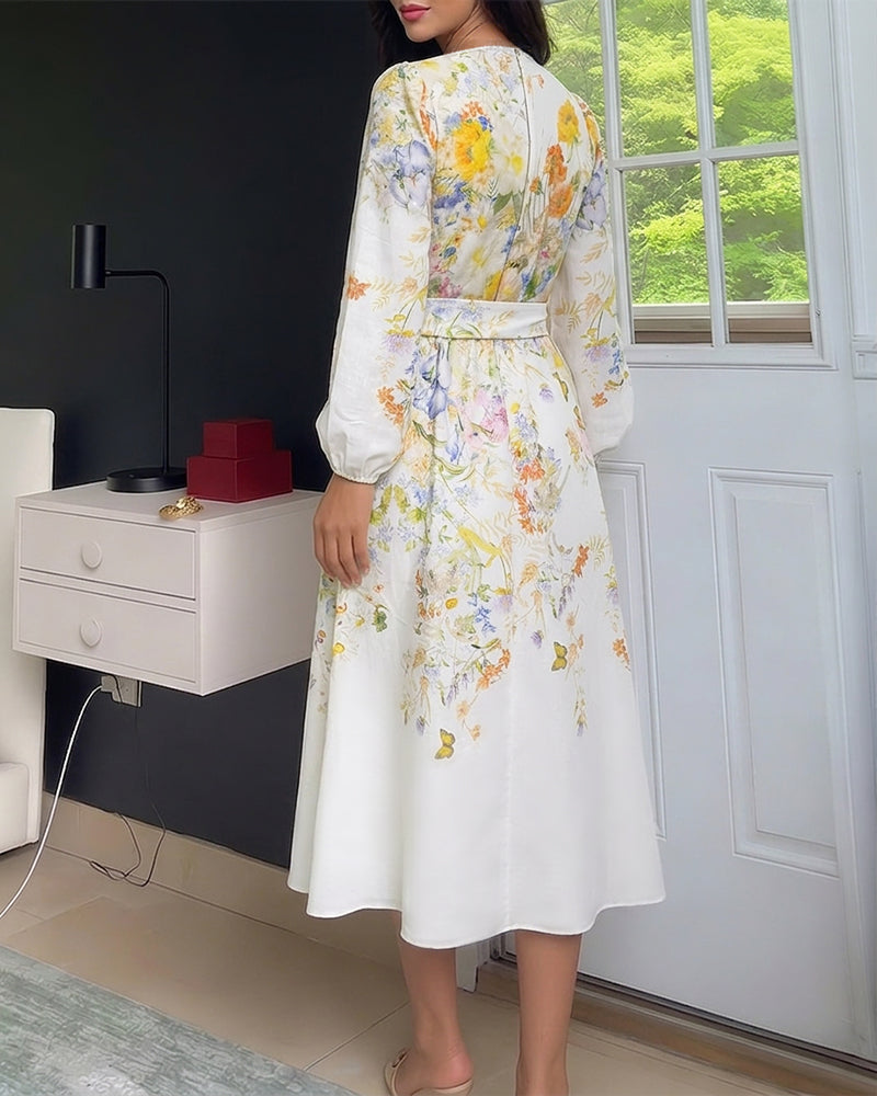 Women’s Floral Print Ruffle V Neck Wrap Midi Dress Lantern Sleeve High Waist A-Line Vacation Dress with Belt