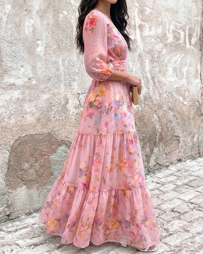 Women's Watercolor Floral V-Neck Shirred High Waist Maxi Dress Three Quarters Lantern Sleeve A-Line Ruffle Hem Chiffon Vacation Dress