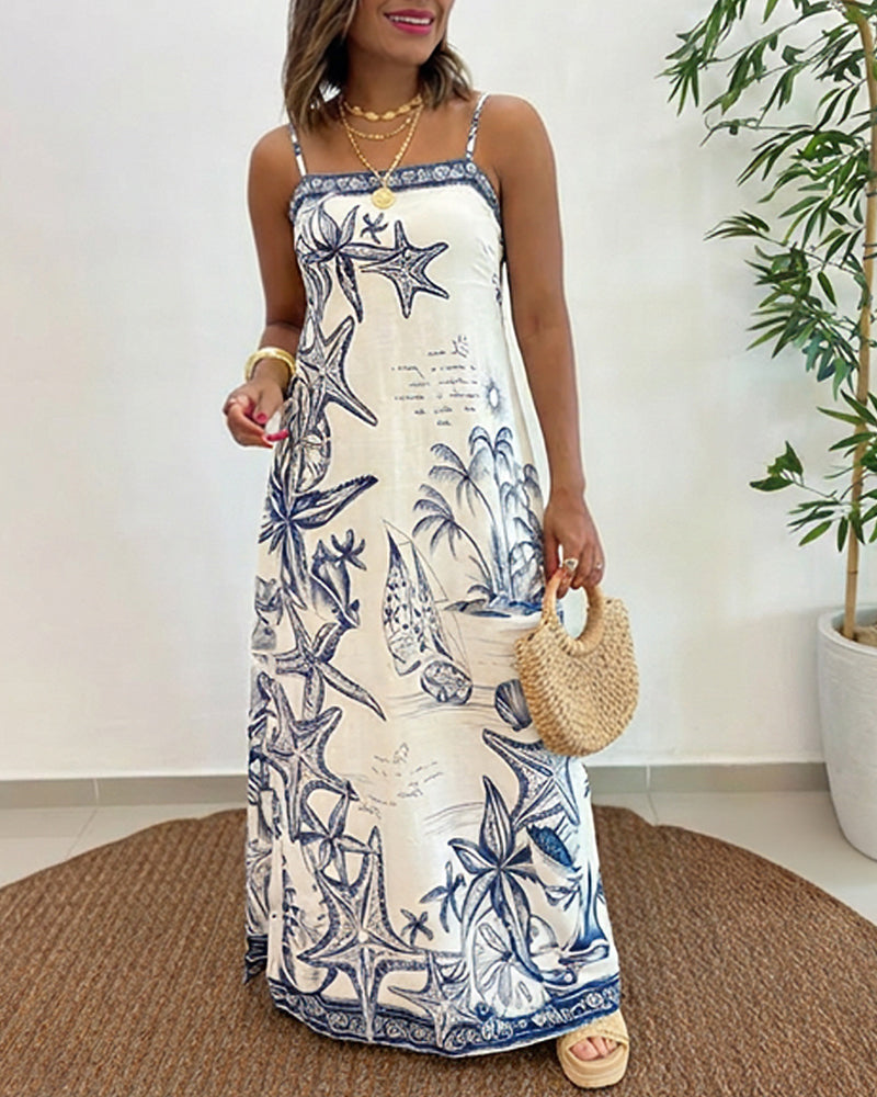 Graphic Print Square Neck Adjustable Spaghetti Straps Side Slit Maxi Dress Casual Backless Tie Back Elastic Back Waist Vacation Dress