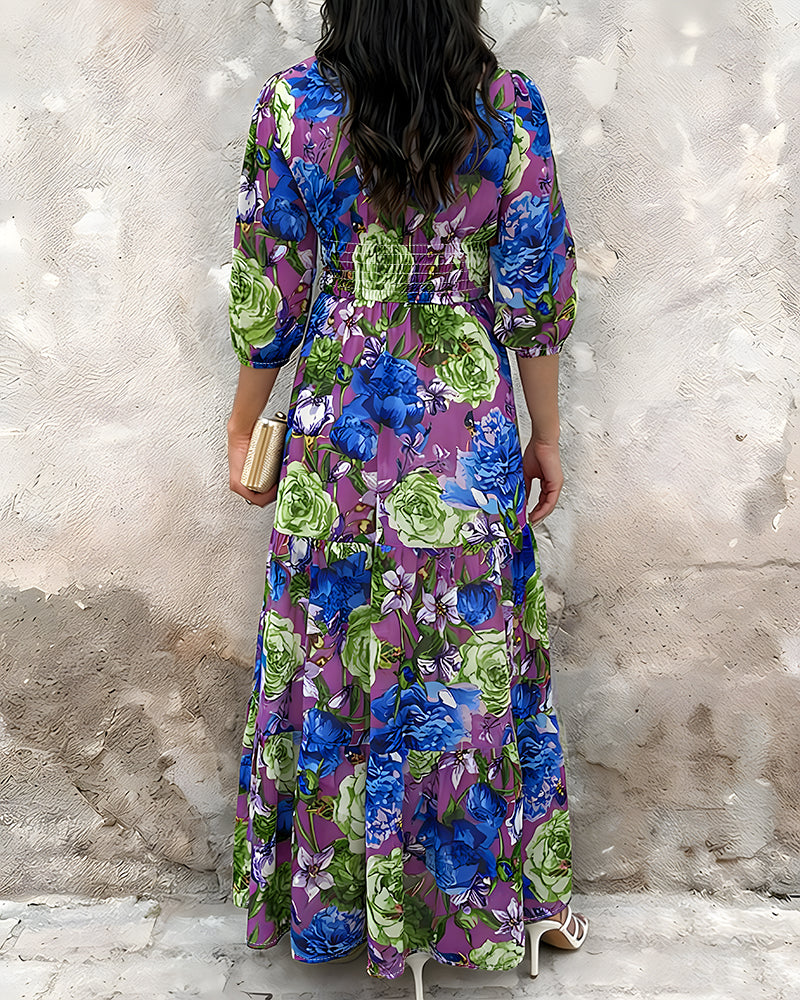 Women's Floral V Neck Maxi Dress Shirred Back Ruffle Hem A-Line Vacation Dress