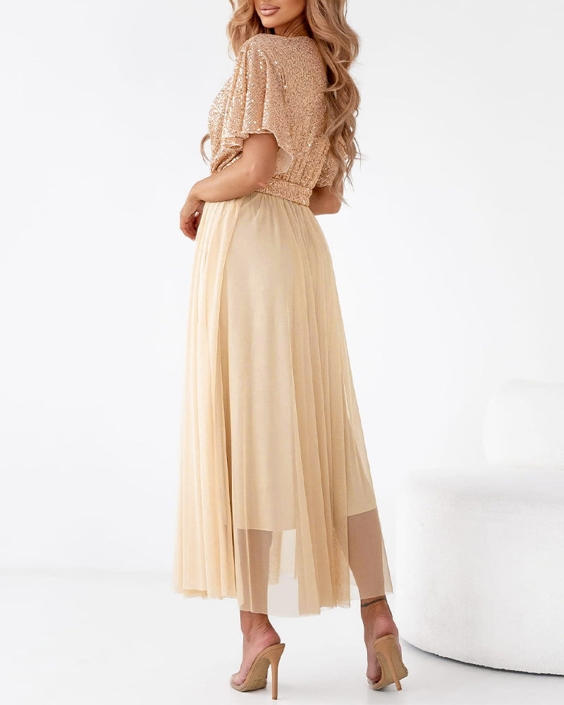 Women's Sequin Overlap V Neck Maxi Dress Sheer Mesh Spliced Gown Butterfly Sleeve A-Line Evening Party Formal Dress with Belt