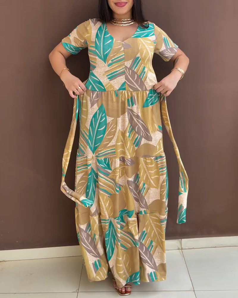 Plants Print V-Neck Short Sleeve Tie Waist Maxi Dress Casual Cinched Waist Ruffle Hem Vacation Dress