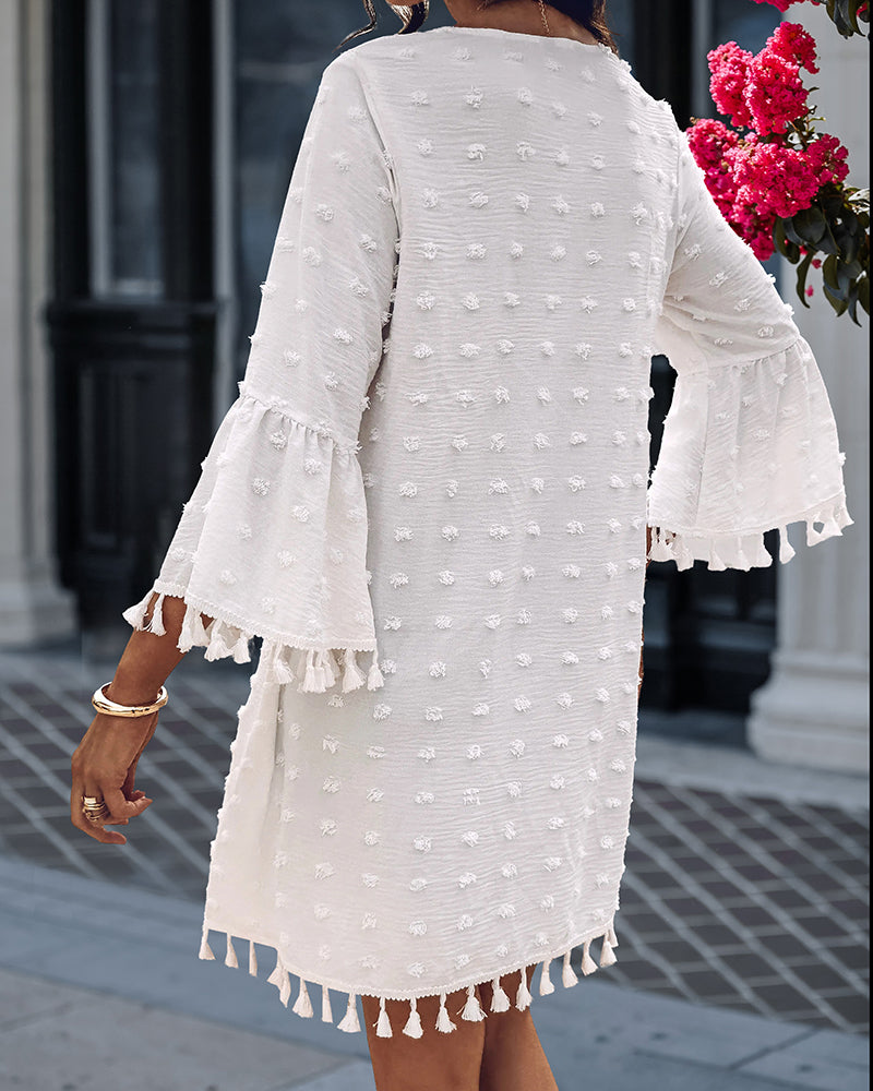 Large Swiss Dot  V-Neck Bell Sleeve Mini Dress Casual Loose Fit Dress