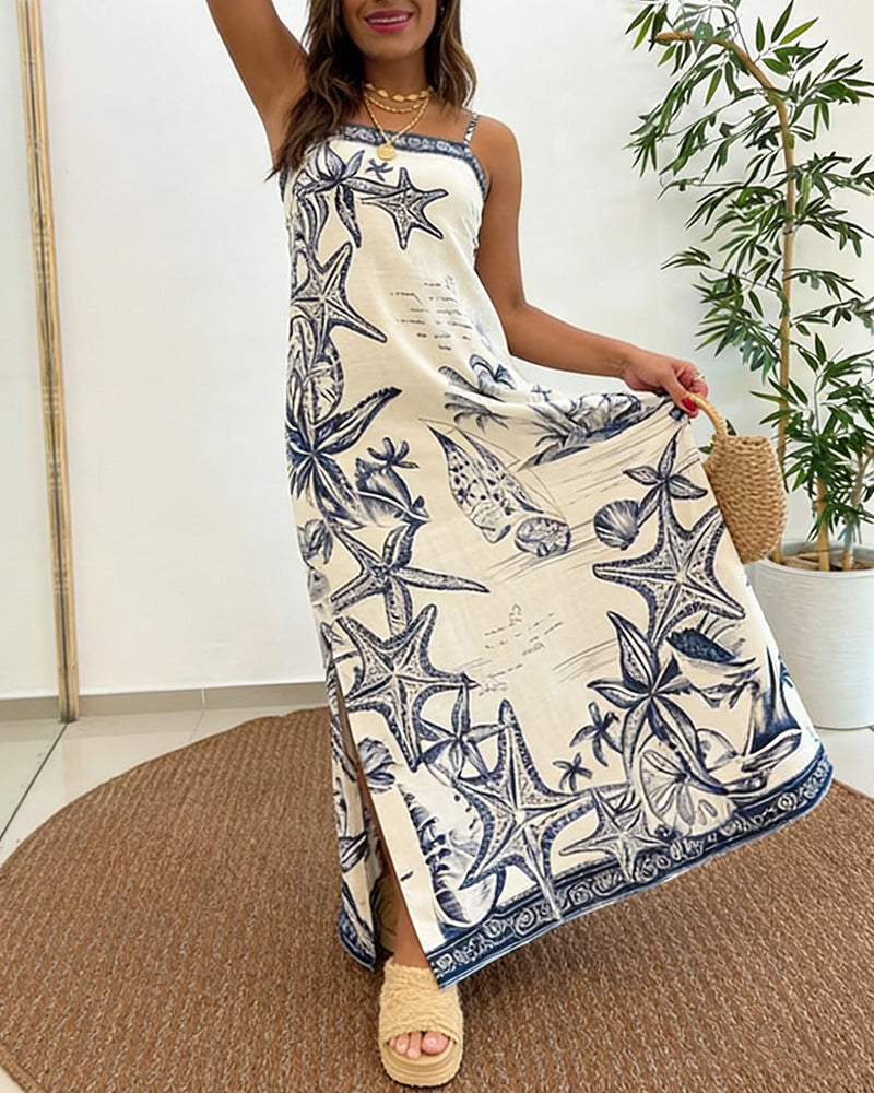 Graphic Print Square Neck Adjustable Spaghetti Straps Side Slit Maxi Dress Casual Backless Tie Back Elastic Back Waist Vacation Dress