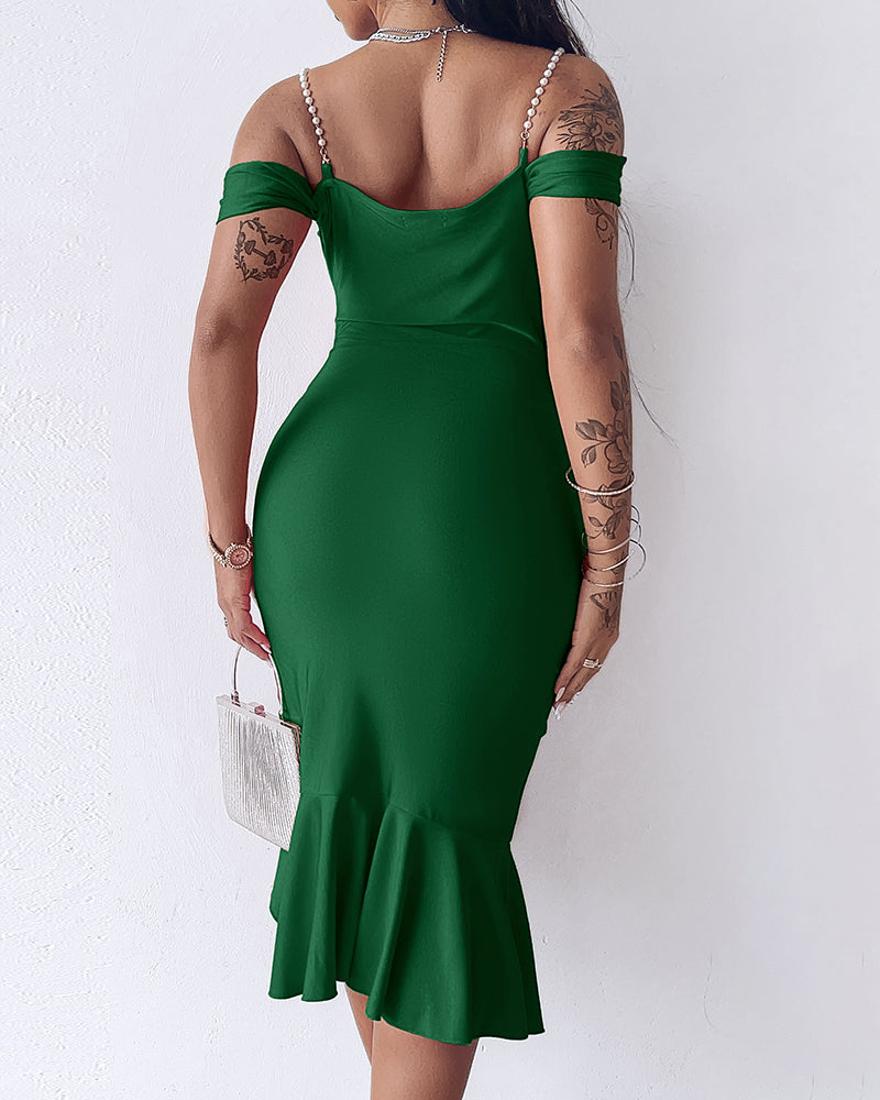 Cold Shoulder Pearls Straps Bodycon Dress Cowl Neck Asymmetrical Ruffle Hem Party Dress