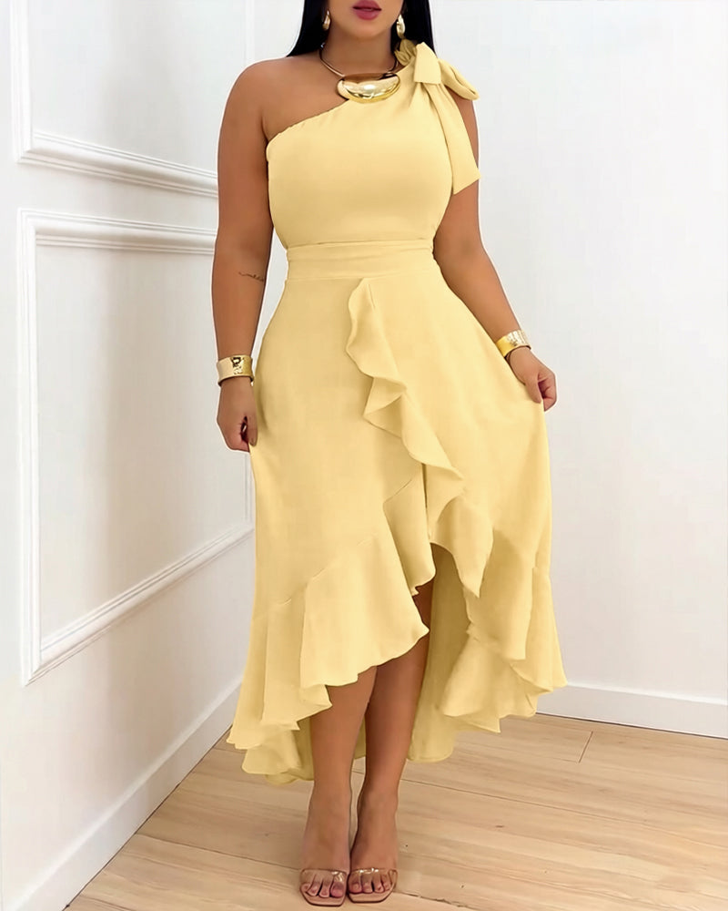 Women's One Shoulder Ruffle Hem Dress Bow Tie Shoulder High-Low Hem Irregular Party Dress Shirred Back Evening Gown