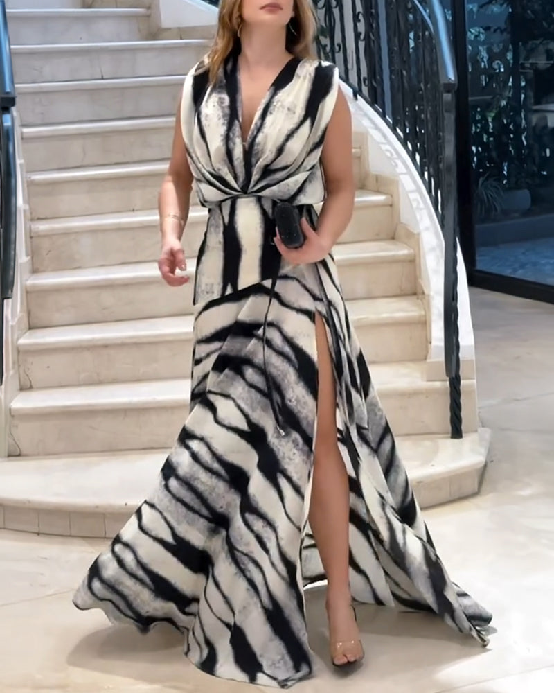 Abstract Pattern Deep V-Neck Sleeveless Ruched Maxi Dress Elegant Tie Waist Side Slit Evening Dress