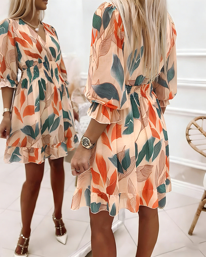 Women's Colorblock Leaf Print Midi Dress Overlap V-Neck Three Quarters Sleeve Shirred Waist Ruffle Hem A-Line Vacation Dress