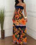 Women's Tropical Floral Print Bandeau Maxi Dress Shirred Ruffle Hem Vacation Dress with Pockets and Detachable Clear Straps