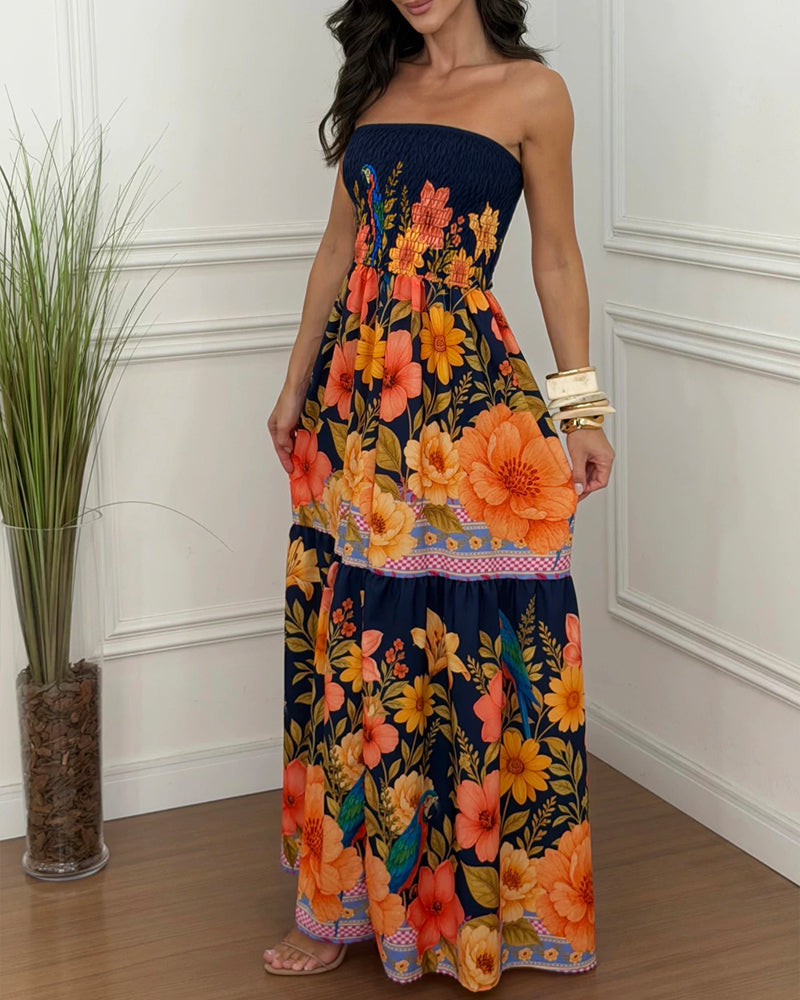 Women's Tropical Floral Print Bandeau Maxi Dress Shirred Ruffle Hem Vacation Dress with Pockets and Detachable Clear Straps