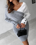 Chain & Button Decor Colorblock V Neck Long Sleeve Knit Sweater Dress Slim Fit Midi Dress