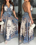 Women's Vintage Floral V-Neck Maxi Dress Sexy Backless Lace-Up Slit Dress Casual Shirred Draped Vacation Dress