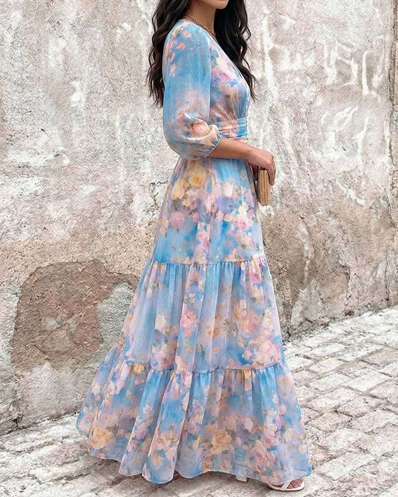 Women's Watercolor Floral V-Neck Shirred High Waist Maxi Dress Three Quarters Lantern Sleeve A-Line Ruffle Hem Chiffon Vacation Dress