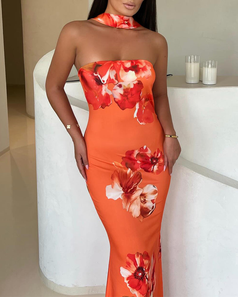CHICME Women's Tropical Floral Print Mermaid Maxi Dress Convertible Halter Tube Dress Sleeveless Bodycon Evening Dress