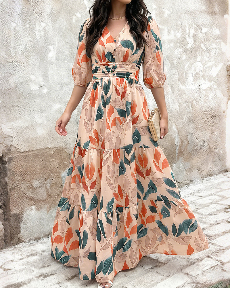 Plants Print V-Neck Half Sleeve Shirred Back Maxi Dress Casual Button Decor Ruched Ruffle Hem Vacation Dress