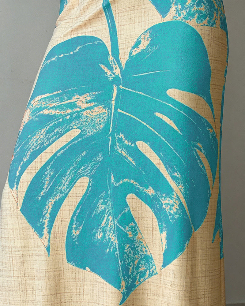 Women's Tropical Monstera Leaf Print One Shoulder Maxi Dress Side Slit Bodycon Dress with Pockets and Zipper