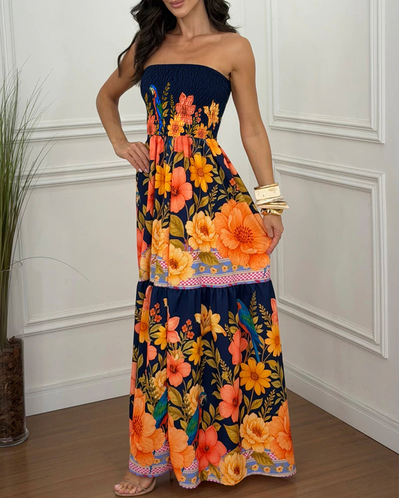 Women's Tropical Floral Print Bandeau Maxi Dress Shirred Ruffle Hem Vacation Dress with Pockets and Detachable Clear Straps