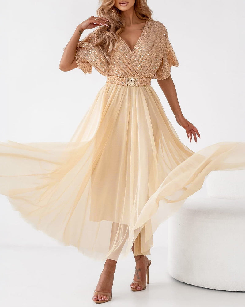 Women's Sequin Overlap V Neck Maxi Dress Sheer Mesh Spliced Gown Butterfly Sleeve A-Line Evening Party Formal Dress with Belt