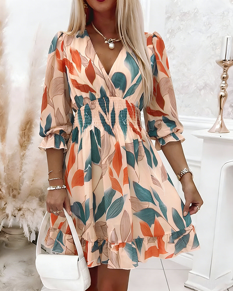 Women's Colorblock Leaf Print Midi Dress Overlap V-Neck Three Quarters Sleeve Shirred Waist Ruffle Hem A-Line Vacation Dress