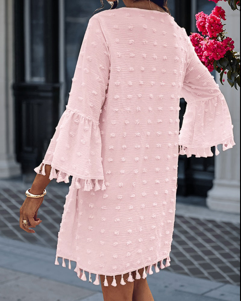 Large Swiss Dot  V-Neck Bell Sleeve Mini Dress Casual Loose Fit Dress