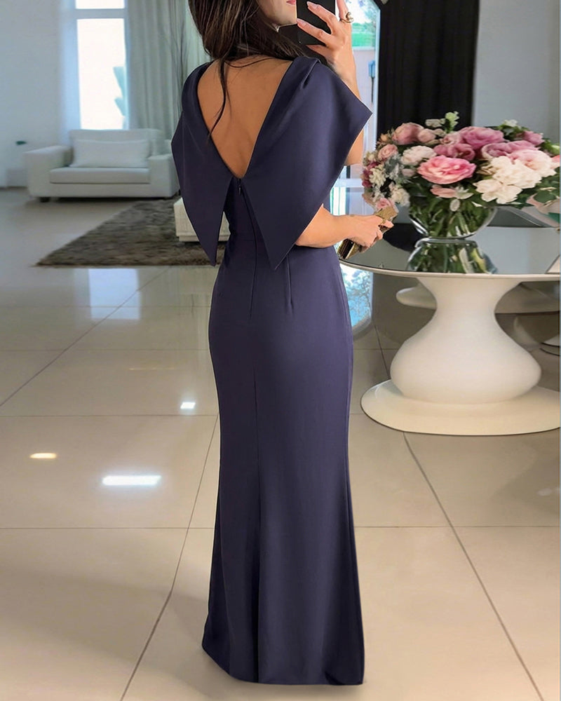 Colorblock Off the Shoulder Maxi Dress with Shawl Design Elegant Backless Detail Bodycon Pleated Party Dress