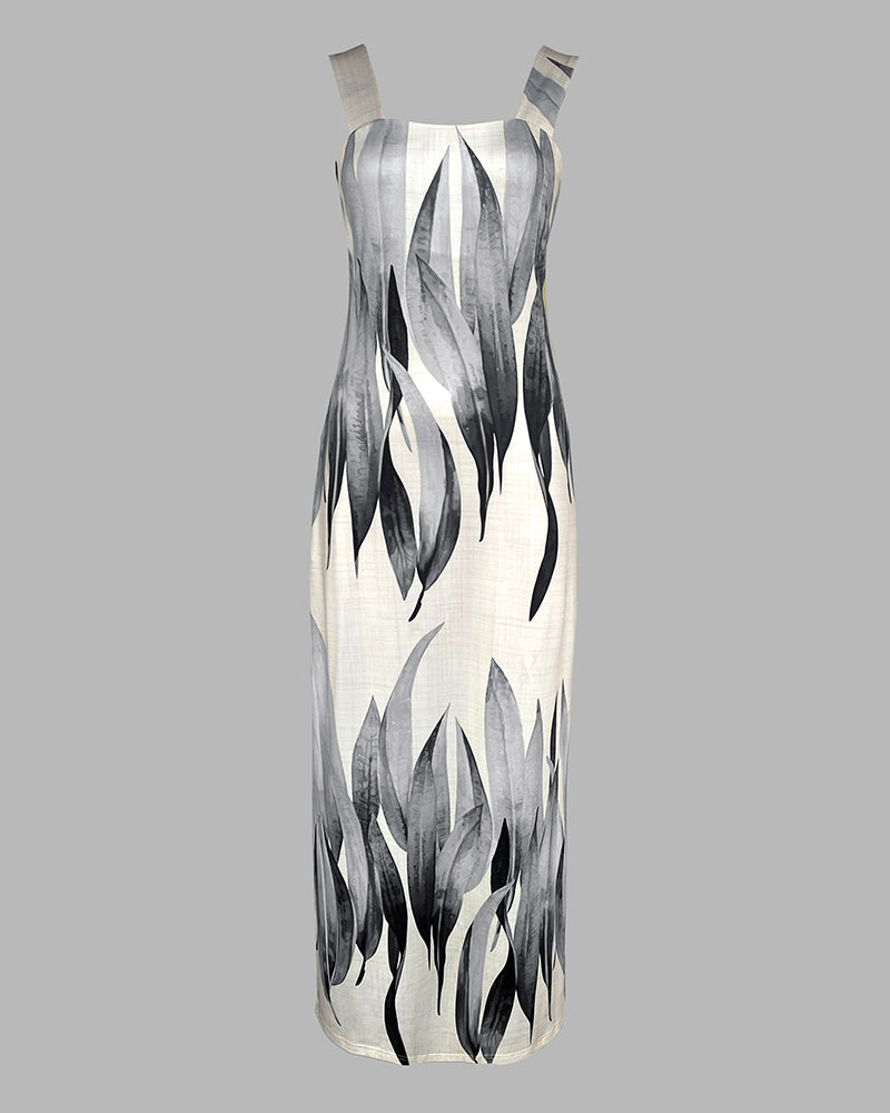 Plants Print Square Neck Thick Strap Maxi Dress Casual Slim Fit Side Slit Vacation Dress with Pockets