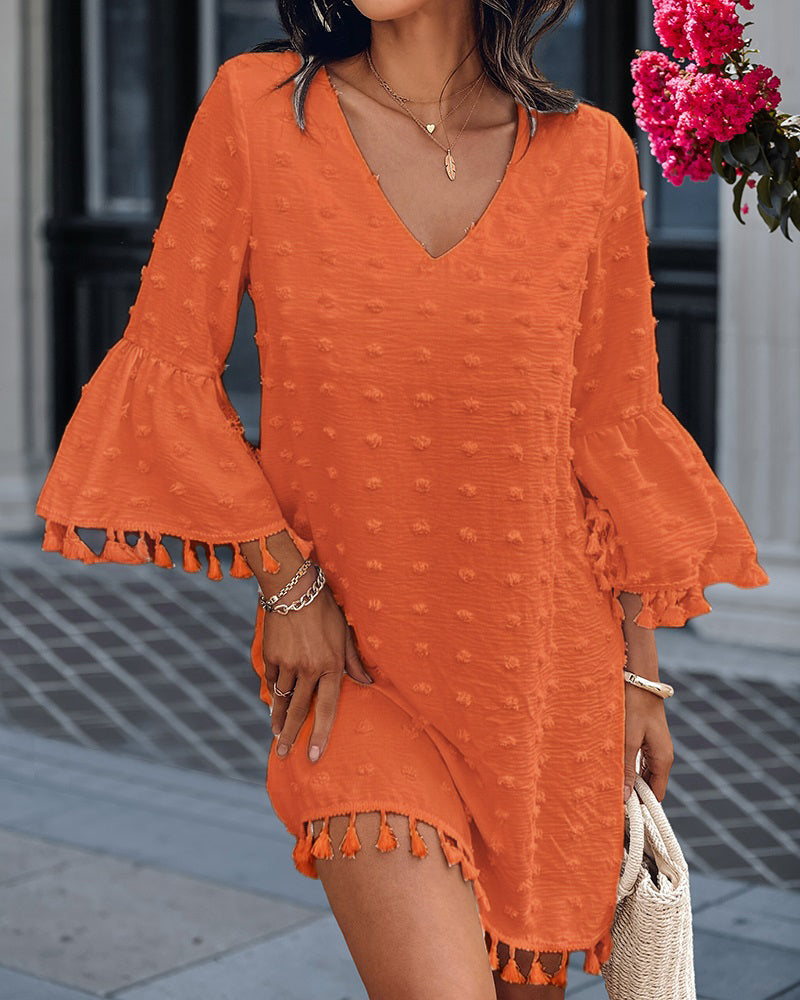 Large Swiss Dot  V-Neck Bell Sleeve Mini Dress Casual Loose Fit Dress
