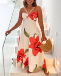 Floral Print Halter Sleeveless Hollow-out Front Cami Dress Casual Cutout Waist Maxi Dress