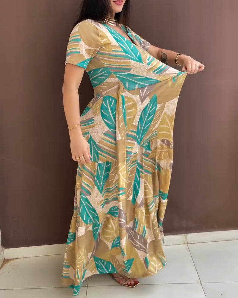 Plants Print V-Neck Short Sleeve Tie Waist Maxi Dress Casual Cinched Waist Ruffle Hem Vacation Dress