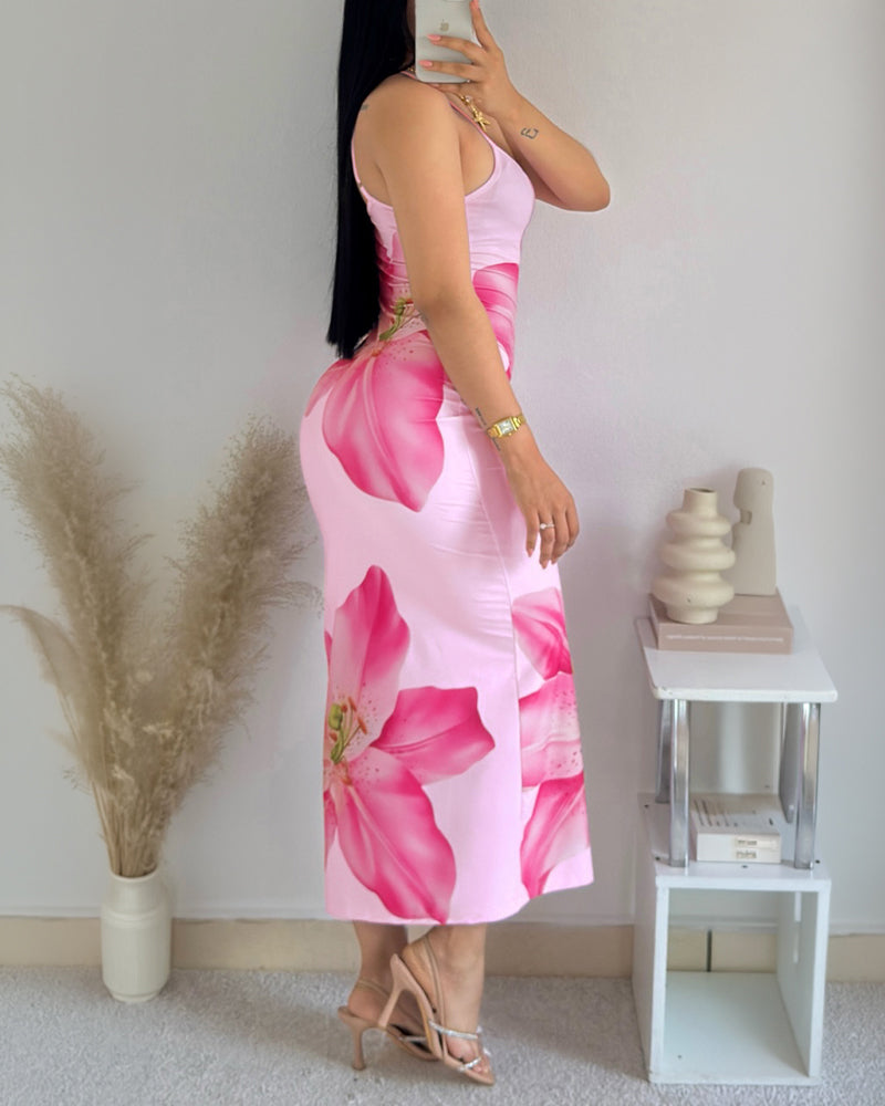 Women's Floral Print Cami Maxi Dress Adjustable Spaghetti Strap Bodycon Long Dress Summer Vacation Sundress