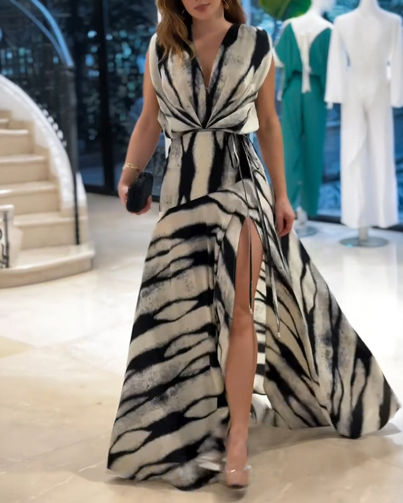 Abstract Pattern Deep V-Neck Sleeveless Ruched Maxi Dress Elegant Tie Waist Side Slit Evening Dress