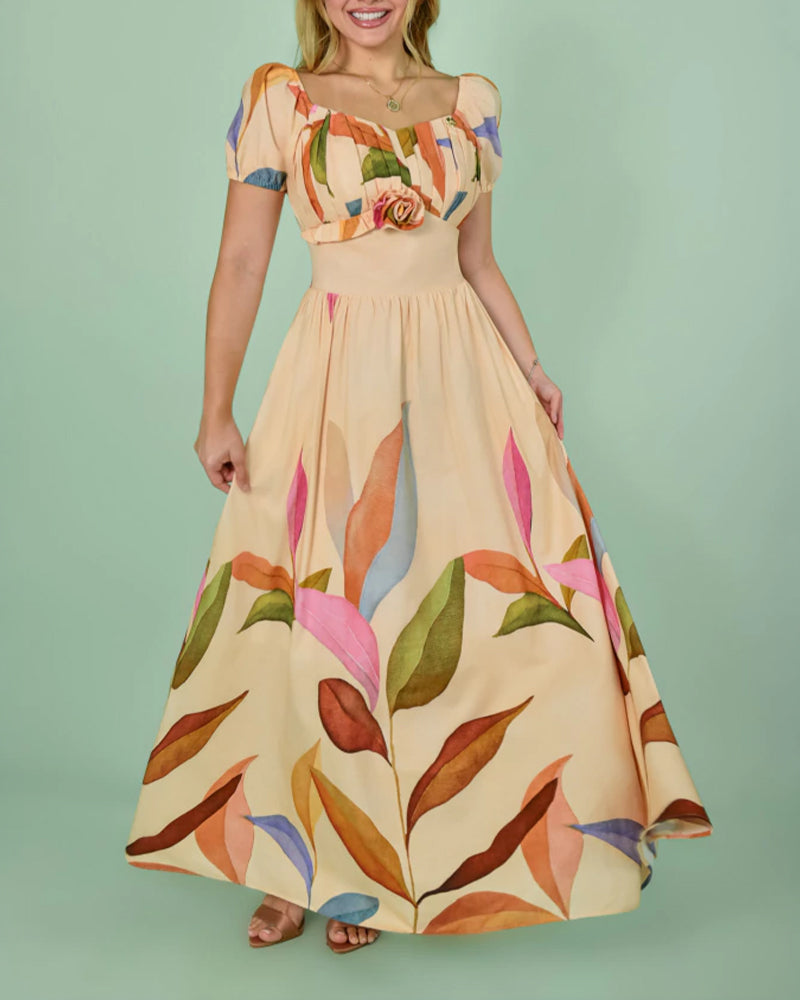 Women's Botanical Print Maxi Dress Vintage Puff Sleeve V-Neck A-Line Dress 3D Flower Detail Shirred Back Vacation Dress with Pockets