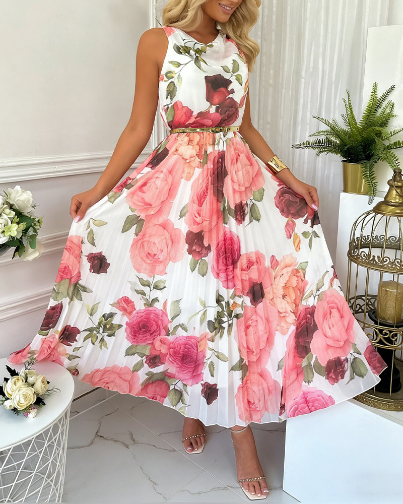 Floral Print Cowl Neck Sleeveless Pleated Dress Elegant Zipper Back Vacation Dress with Belt