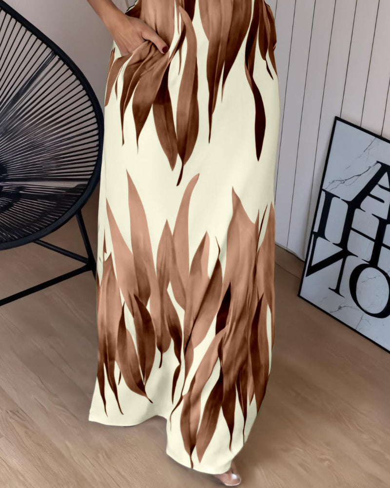 Plants Print Square Neck Thick Strap Maxi Dress Casual Slim Fit Side Slit Vacation Dress with Pockets