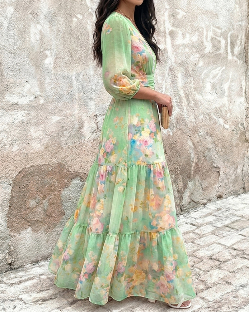 Women's Watercolor Floral V-Neck Shirred High Waist Maxi Dress Three Quarters Lantern Sleeve A-Line Ruffle Hem Chiffon Vacation Dress