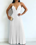 Deep V Neck Adjustable Spaghetti Straps Backless Pleated Dress Elegant Zipper Side Tie Back Maxi Dress