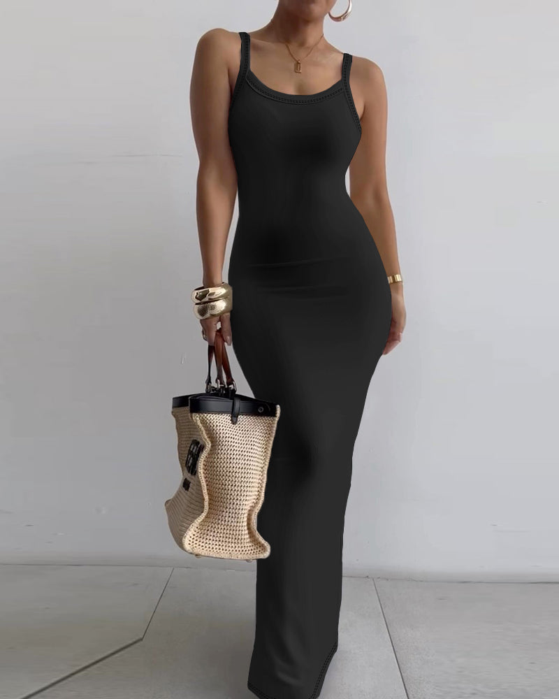 Spaghetti Strap U-Neck Casual Maxi Dress Slim Fit Cami Vacation Dress