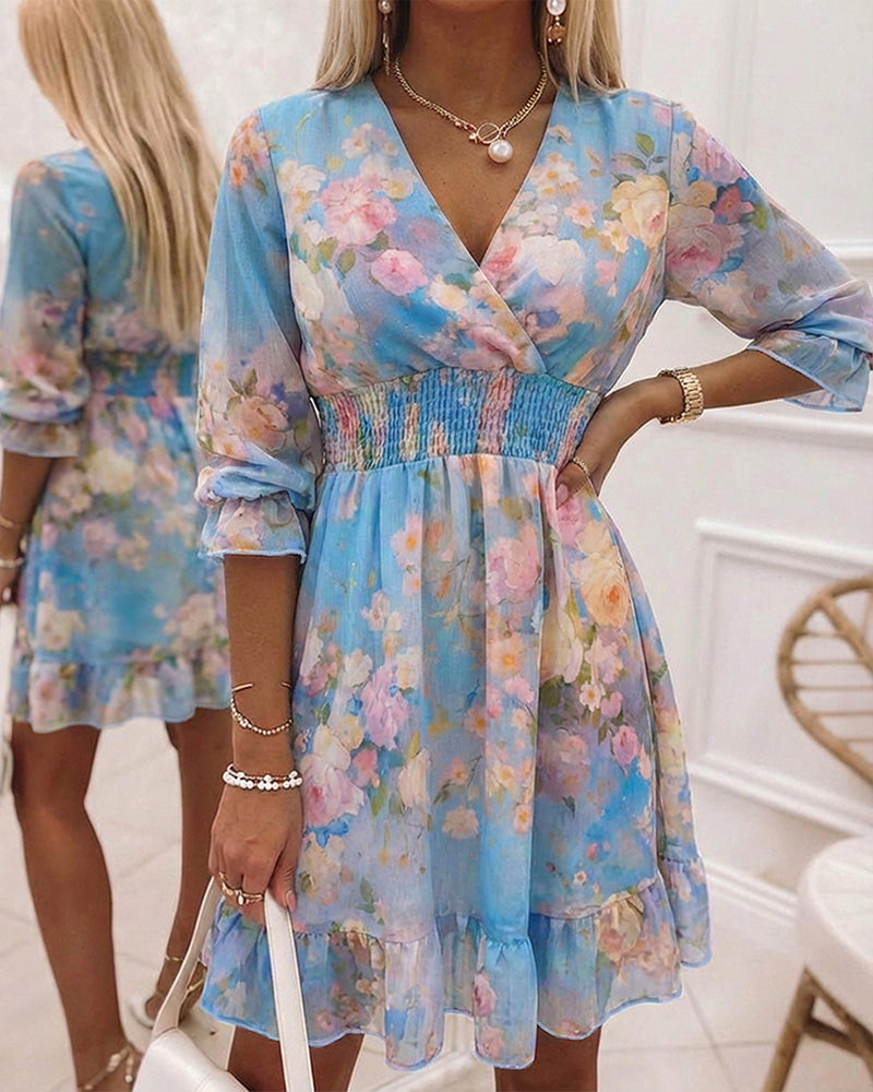 Women's Watercolor Floral Chiffon Dress Overlap V-Neck Shirred High Waist Vacation Dress A-Line Ruffle Hem Dress